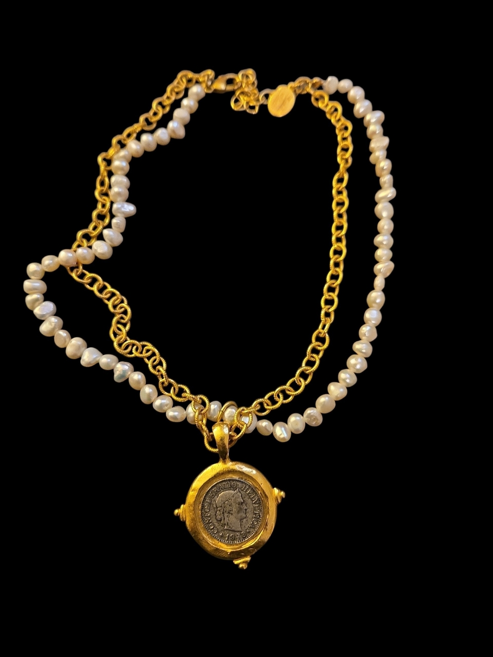 Gold-Tone Pearl Double Strand Necklace with Coin Pendant